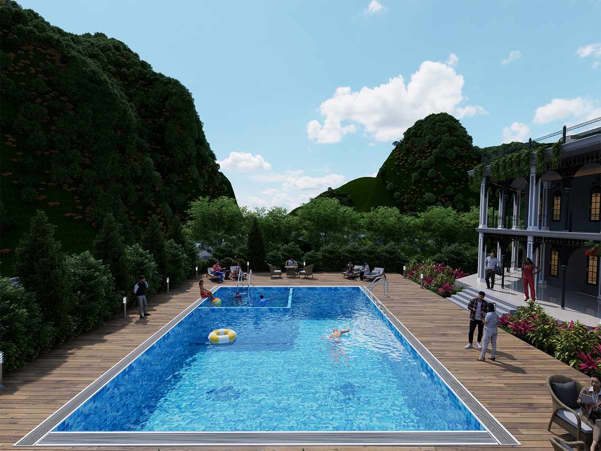 Riyasat Bliss luxury swimming pool in daylight